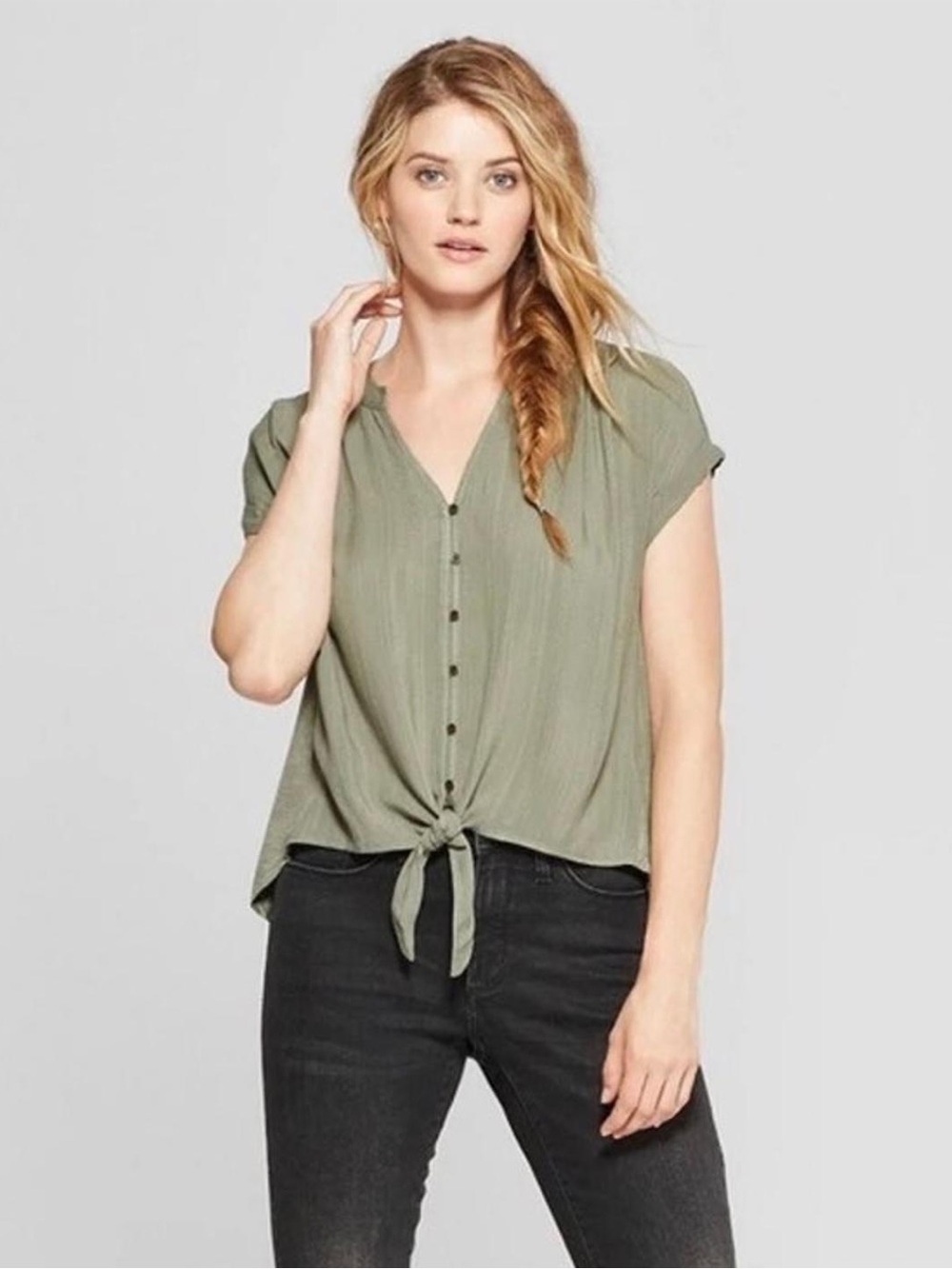 Universal Thread Olive Green Button Front Tie Blouse